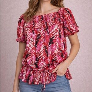 Boho Peasant Women’s Size M Smocked Off-Shoulder Blouse Pink Red Black Abstract